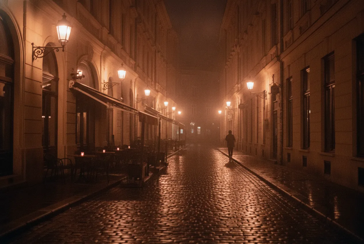 Centrul Vechi după ploaie: pietre ude care reflectă felinarele și terase luminate cu lumânări.