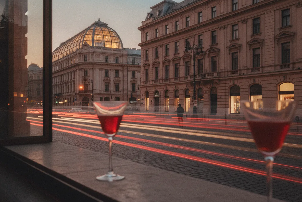 Calea Victoriei la ora albastră, cu fațadele vechi luminate și două pahare de cocktail în prim-plan.
