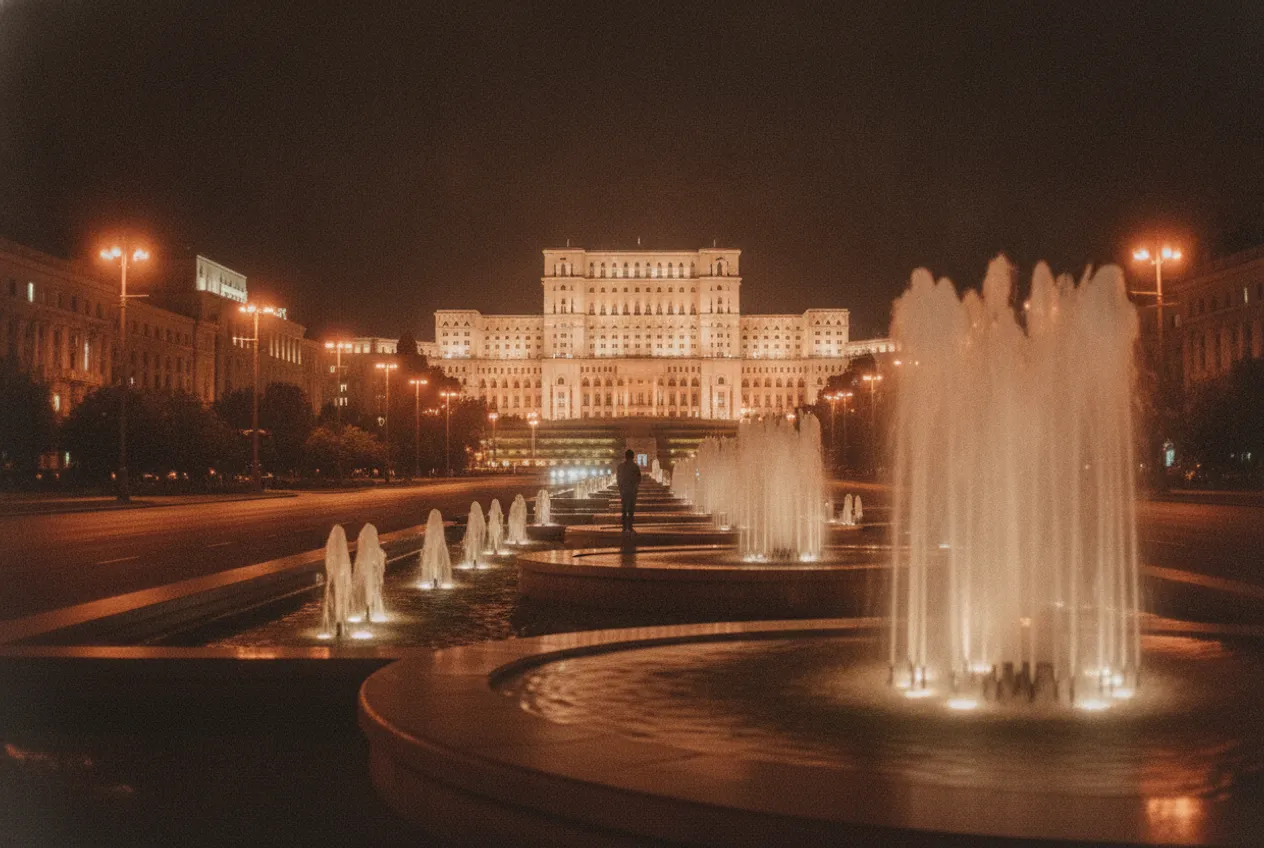Piața Unirii noaptea, cu fântânile luminate și Palatul Parlamentului în capătul bulevardului.