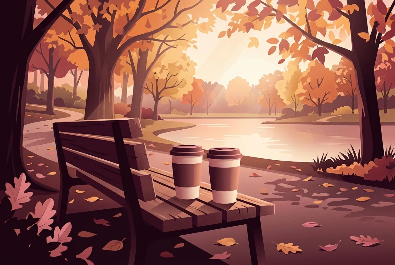 Două pahare de cafea pe o bancă într-un parc mare, toamna: un loc public, potrivit pentru prima întâlnire.