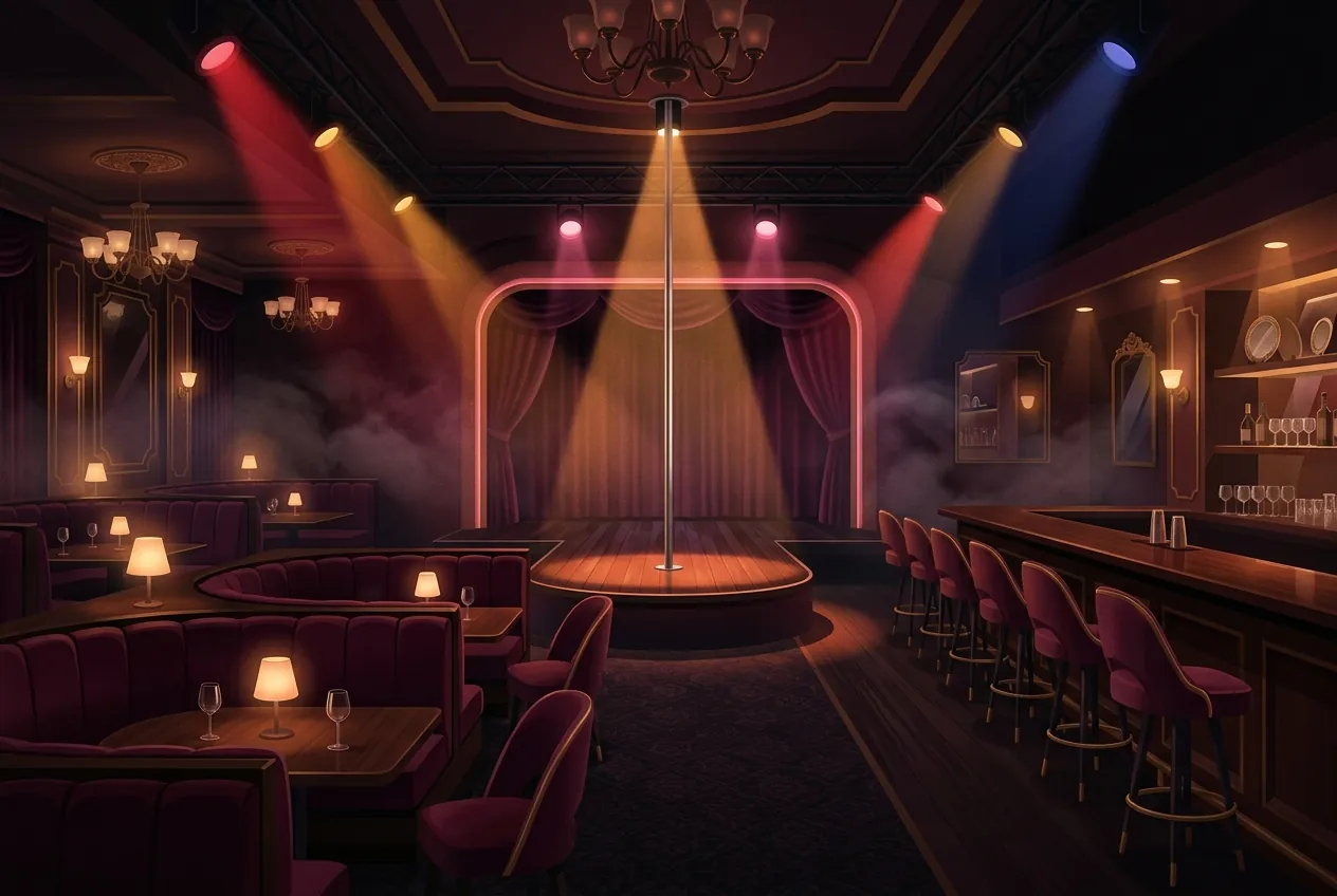 Interiorul gol al unui club de striptease înainte de deschidere: scena cu bară în lumina reflectoarelor roșii și ambrate, separeuri de catifea și scaune de bar.